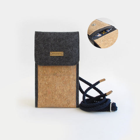 Umhängetasche für iPhone 16 | aus Filz und Bio-Baumwolle | anthrazit - bloom | Modell KEDJA