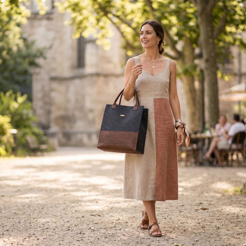 Frau trägt Filz Shopper Tasche mit Kork in Braun von SmukBird in der Stadt, nachhaltige Tasche für Alltag und Freizeit