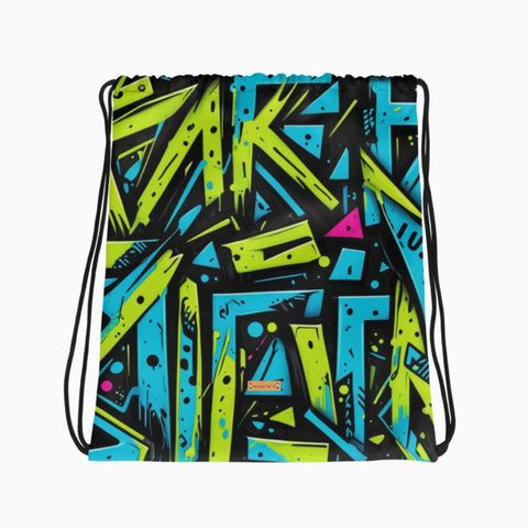 Turnbeutel mit buntem Graffiti-Muster, flach ausgelegt.