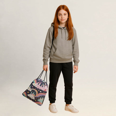 Person hält einen Turnbeutel mit Pastell-Schloss- und Regenbogenmotiv locker in der Hand.