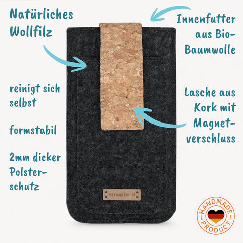 Handytasche nach Maß | mit Magnetverschluss und extra Fach | anthrazit - Bloom | Modell HAKA