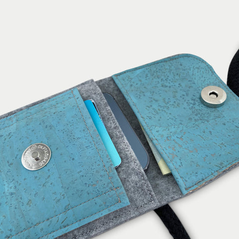 Umhängetasche für Samsung Galaxy S25 | aus Filz und Bio-Baumwolle | hellgrau - azur | Modell KEDJA deluxe