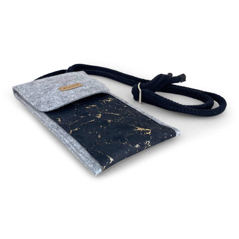 Umhängetasche für Samsung Galaxy S23 Ultra | aus Filz und Bio-Baumwolle | hellgrau - schwarz | Modell KEDJA deluxe