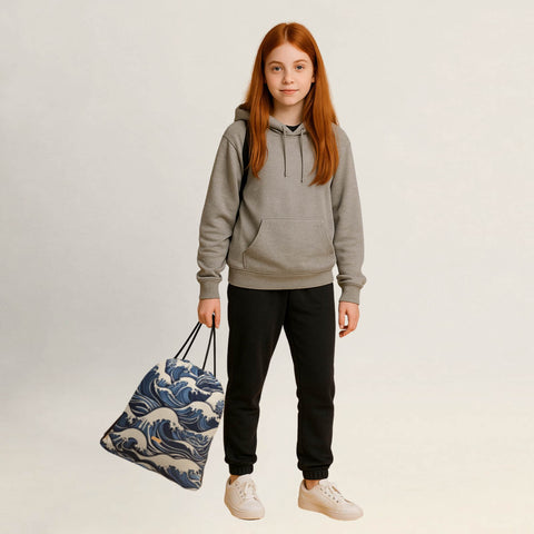 Person hält einen Turnbeutel mit blauem Wellenmuster locker in der Hand.