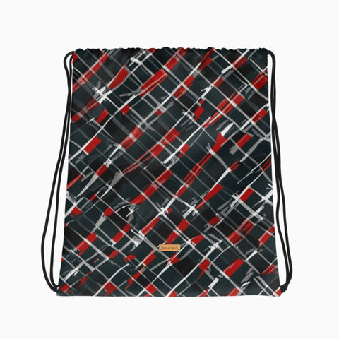 Turnbeutel mit rot-schwarzem Karo-Muster, flach auf hellem Hintergrund gelegt.