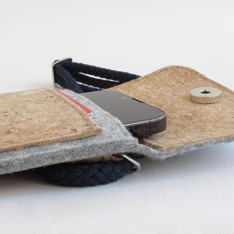 Mobilväska att hänga | gjord av filt och ekologisk bomull | ljusgrå - blom | Modell KEDJA